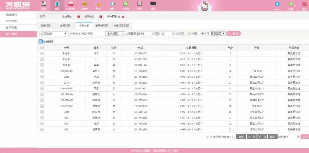 美容院会员管理软件生日短信预警